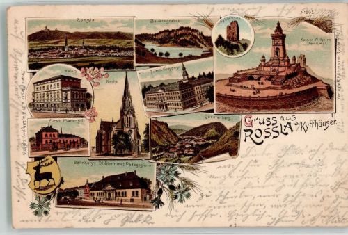 06536 O4710 Roßla 1898 Lithographie Bauerngraben Wappen Fürstl. Marienstift Fürstliches Schloss Dr. Stremme's Pädagogium