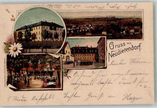 99192 O5103 Neudietendorf 1901 Lithographie Mädchen-Pensionat Schwesternhaus Gasthaus-Garten