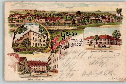 99192 O5103 Neudietendorf 1903 Lithographie Mädchenpensionat Gasthaus der Bürgergemeinde Schwesternhaus