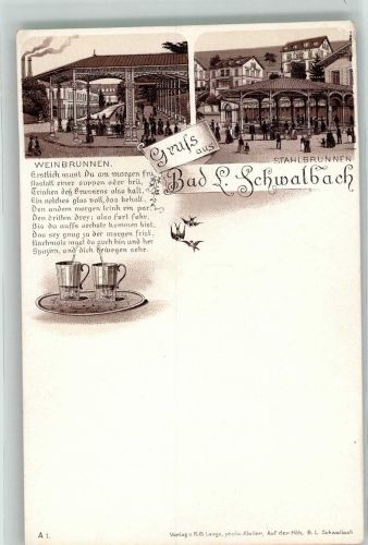 65307 W6208 Bad Schwalbach Lithographie Verläufer Druck um 1890 Weinbrunnen Stahlbrunnen