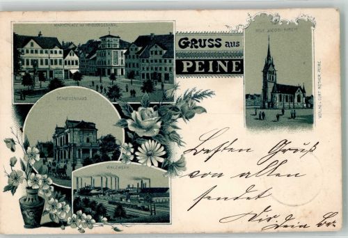 31224 W3150 Peine 1899 Lithographie Jacobi-Kirche Marktplatz Gasthaus Schützenhaus Walzwerk