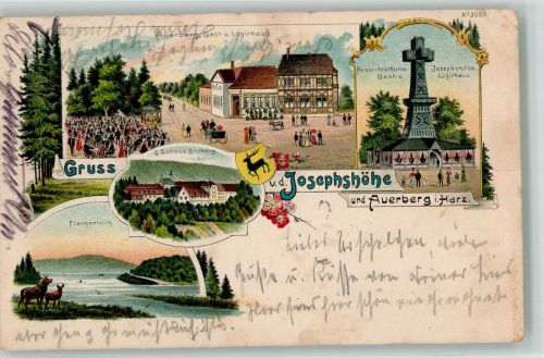 06547 O4711 Auerberg b Roßla 1904 Lithographie Gasthaus Auerberg Frankenteich Schloss Stollberg Aussichtsturm