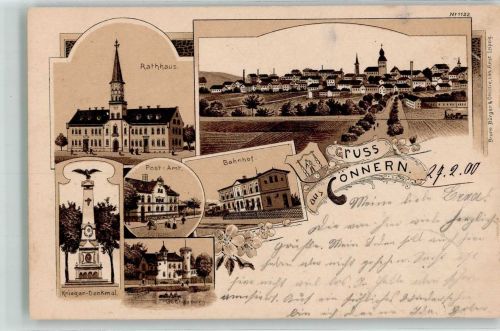 06420 O4340 Könnern 1900 Lithographie Rathaus Bahnhof Kriegerdenkmal Georgsburg Postamt