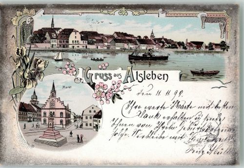 06425 O4342 Alsleben 1898 Lithographie Die Saale Marktplatz Denkmal
