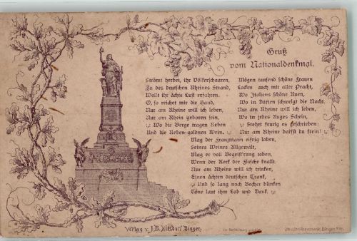 65385 W6220 Rüdesheim am Rhein Lithographie Verläufer Druck um 1890 National-Denkmal Gedicht