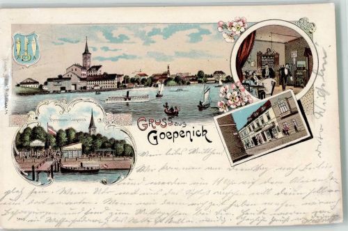 10115 O1199 Köpenick 1899 Lithographie St. Laurentius-Kirche Wappen Dampfschiff-Anlegestelle