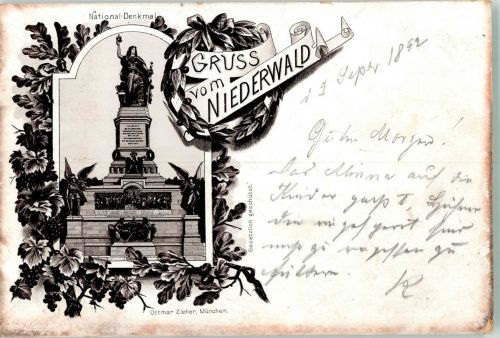 65385 W6220 Rüdesheim am Rhein 1892 Lithographie Verläufer Druck um 1890 National-Denkmal Verlag Ottmar Zieher-München