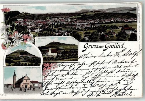 73072 W7076 Schwäbisch Gmünd 1900 Lithographie Staufen Johanneskirche Rechberg