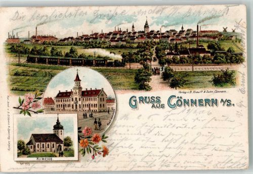 06420 O4340 Könnern 1906 Lithographie Rathaus Kirche Eisenbahn