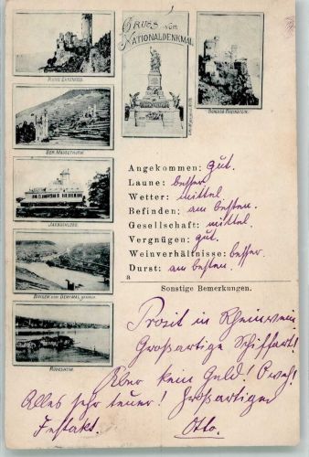 65385 W6220 Rüdesheim am Rhein 1895 - Verläufer Druck um 1890 Ruine Ehrenfels Mäuseturm Nationaldenkmal Schloss Rheinstein Jagdschloss
