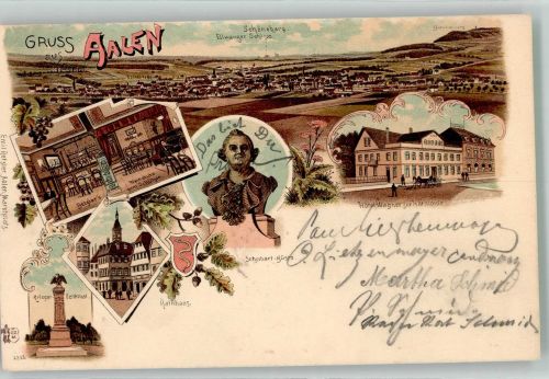 73430 W7080 Aalen , Württ Lithographie Weinstube zum Schützen Kriegerdenkmal Hotel Wagner zur Harmonie Schubart-Büste Verlag Ottmar Zieher-München