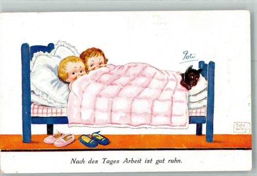 Zwei kleine Kinder mit Hund im Bett WSSB 5085/3 Wills, J. Künstlerkarte
