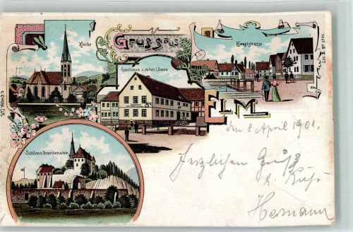 36381 W6490 Elm , Kr Schlüchtern 1901 Lithographie Schloss Brandenstein Gasthaus zum roten Löwen Hauptstrasse