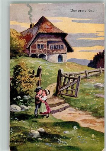 Der erste Kuss vor einem Schwarzwaldhaus Kinderpoesie WSSB No. 5354 Hoffmann, Ad. 1918 Künstlerkarte