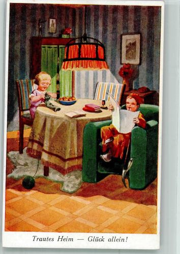 Zwei Kinder in der Stube bei Näharbeiten und Zeitung lesen WSSB 8095 Kinderpoesie Künstlerkarte
