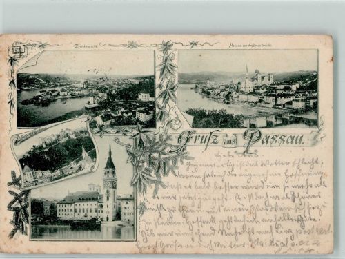 94032 W8390 Passau 1895 - Verläufer Druck um 1890 Donaubrücke Festung Oberhaus Rathaus Drei Flüsse-Zusammenkunft