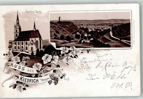 65399 W6229 Kiedrich , Rheingau 1896 Lithographie Verläufer Druck um 1890 Valentinus- Kirche