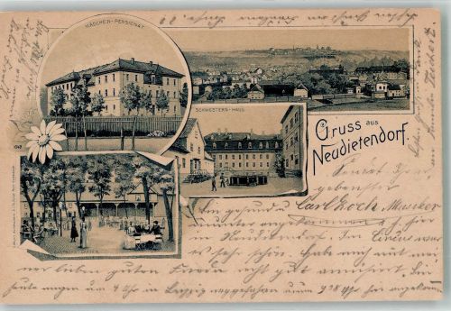 99192 O5103 Neudietendorf 1901 Lithographie Mädchen-Pensionat Schwesternhaus Gasthaus-Garten Bahnpost Erfurt