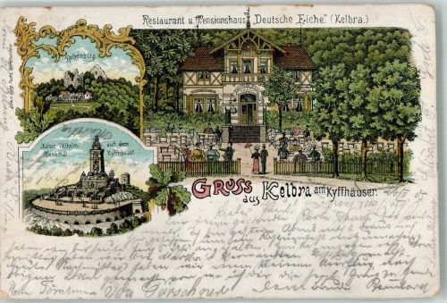 06537 O4712 Kelbra 1905 Lithographie Kaiser Wilhelm-Denkmal Gasthaus Deutsche Eiche Gartenwirtschaft Rothenburg