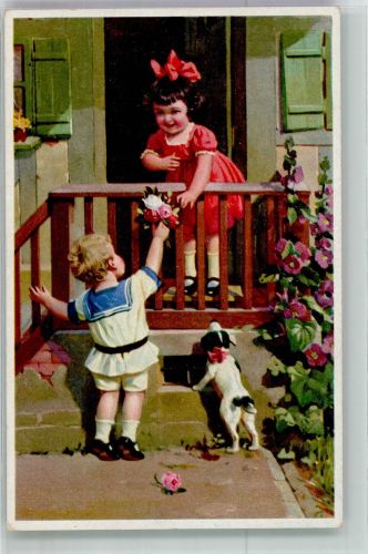 Junge mit Hund schenkt Mädchen einen Rosenstrauß Kinderpoesie Künstlerkarte
