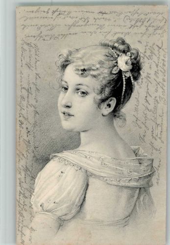 Portrait einer jungen Frau mit Perlenkette und Rose im Haar Haarmode 1902 Künstlerkarte