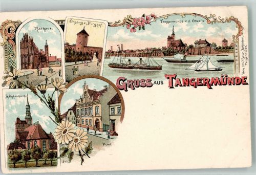 39590 O3504 Tangermünde Lithographie Post Rathaus St. Stephanskirche Burghof-Eingang Elbe