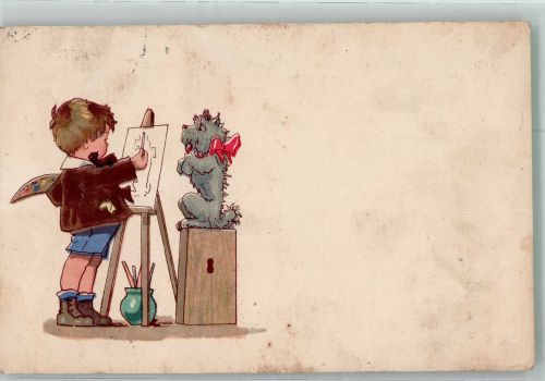 Kleiner Junge portraitiert seinen Männchen machenden Hund Staffelei 1926 Künstlerkarte