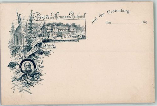 32756 W4930 Hiddesen Lithographie Verläufer Druck um 1890 Grotenburg Hermann's-Denkmal Wildschweine Hirsch Gasthaus zum Hermannsdenkmal Portrait Bandel Druck um 1892