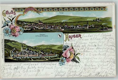 35708 W6342 Haiger 1903 Lithographie Haiger im 15. Jahrhundert Stadtwappen