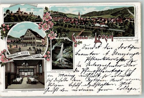 73547 W7073 Lorch , Württ 1898 Lithographie Kloster Lorch Gasthaus zum Adler Adlersaal Schelmenklinge Wasserfall