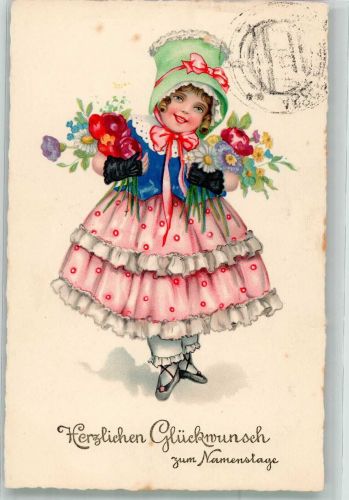 Mädchen gratuliert mit bunten Blumen Namenstag 1928 Künstlerkarte