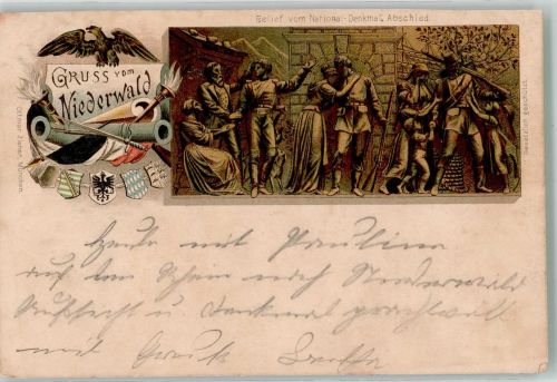 65385 W6220 Rüdesheim am Rhein 1892 Lieder AK Verläufer Druck um 1890 Relief vom National-Denkmal Der Abschied Reichsadler Kanonenrohre Wappen Verlag Ottmar Zieher