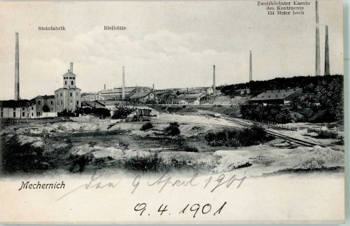 W5353 Mechernich Steinfabrik Bleihütte mit dem zweithöchsten Kamin d. Kontinents Bergbau 1901 Foto AK
