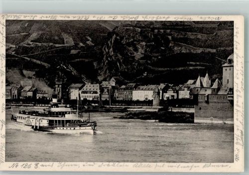 W5425 Kaub Raddampfer der Köln-Düsseldorfer Dampfschiffahrtgesellschaft vor Burg Pfalzgrafenstein Rheinschiff 1913