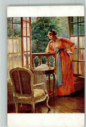 sign. Gelhay Junge Frau wartet am Fenster auf ihren Liebsten Poesie / Liebe Salon de Paris Künstler Künstlerkarte