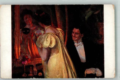 sign. Wladimirski Junges Paar am Spiegel vor dem Maskenball Kunst Russland Künstlerkarte