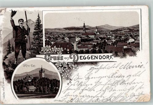 94469 W8360 Deggendorf 1896 Lithographie Verläufer Druck um 1890 Wanderer Schloss Egg Verlag Ottmar Zieher