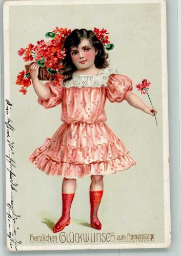 Ein kleines Mädchen gratuliert mit roten Blumen Namenstag 1913 Prägedruck