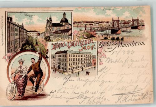 68159 W6800 Mannheim 1899 Lithographie Tandem Hotel Deutscher Hof Schillerplatz Neckarbrücke