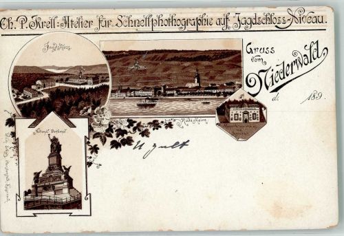 65385 W6220 Niederwald , Jagdschloß Lithographie Verläufer Druck um 1890 Jagdschloss Nationaldenkmal Rhein