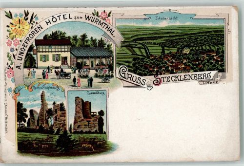 06507 O4301 Stecklenberg Lithographie Hotel Wurmthal Lauenburg Ruine Stecklenburg