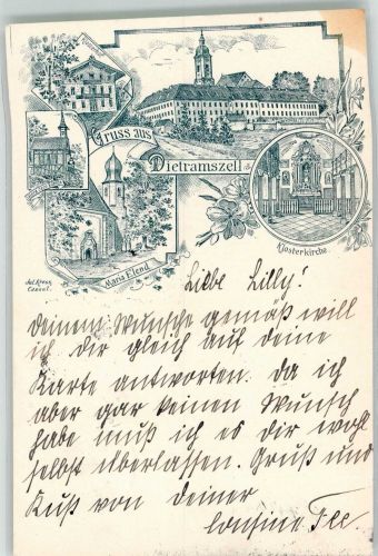 83623 W8157 Dietramszell 1900 Lithographie Verläufer Druck um 1890 Kloster Dietmarszell Klosterkirche Maria Elend Altar Klosterhof