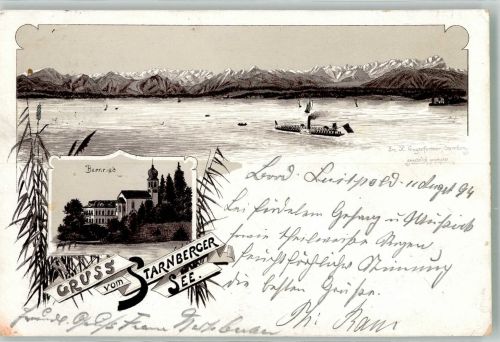 82347 W8139 Bernried , Starnberger See 1894 Lithographie Verläufer Druck um 1890 Starnberger See Salondampfer Alpen