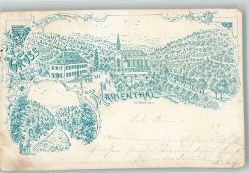 65366 W6222 Marienthal 1899 Lithographie Verläufer Druck um 1890 Kloster Marienthal Klosterkirche