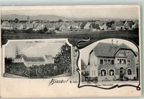 72351 W7465 Binsdorf , Württ - Kirche Pfarrhaus Gasthaus Paradies Bahnpost Eyach