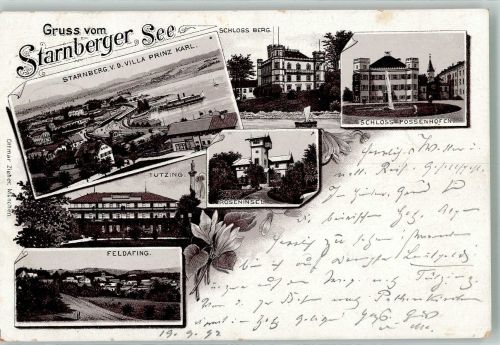 82340 W8133 Feldafing 1898 Lithographie Verläufer Druck um 1890 Schloss Berg Schloss Possenhofen Starnberger See Roseninsel