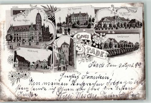 21680 W2160 Stade , Niederelbe 1899 Lithographie Verläufer Druck um 1890 Kais. Postamt Pferdemarkt Kanalstrasse Kgl. Regierung