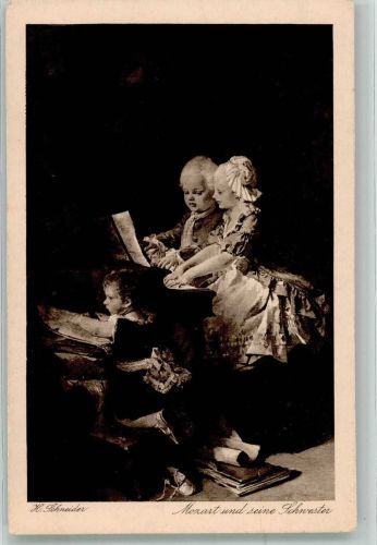 sign. Schneider Der kindliche Komponist mit seiner Schwester am Spinett Verlag Hermann A. Wiechmann No. 79 Mozart, W. A. Künstlerkarte