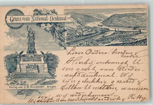 65385 W6220 Rüdesheim am Rhein 1896 Lithographie Verläufer Druck um 1890 National-Denkmal