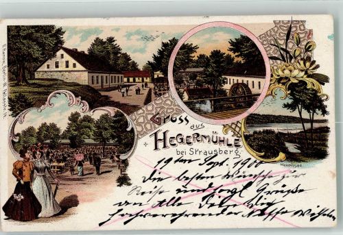 15344 O1260 Strausberg 1900 Lithographie Gasthaus Hegermühle Gartenwirtschaft Herrnsee Bahnpost Strausberg-Zug 17